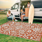 Waterproof Outdoor Rug 9x18 Reversible Plastic Straw Patio Rug, Stain-Resistant Vintage Medallion Carpet, Large Indoor Outdoor RV Mat for Deck, Camping, Balcony, Vintage Terracotta Brick/White