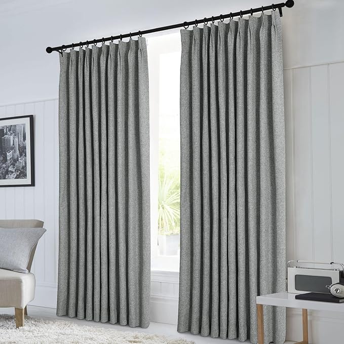 Macochico Mid Grey 100% Blackout Linen Curtains 96 Inches Long Pinch Pleated Curtains for Bedroom Living Room Nursery Farmhouse Insulated Sound Reducing Drapery with Tieback 84”Wx96”L 1 Panel