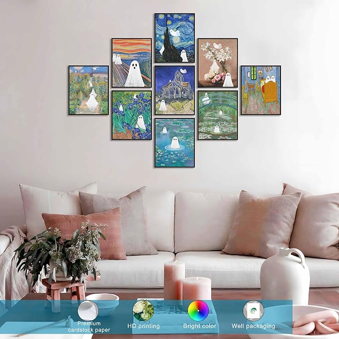 LANCHI95 Vintage Ghost Posters Halloween Wall Art Witch in The Forest Painting Prints Halloween Wall Decor for Living Room Bedroom 8x10 in - 9pcs (UNFRAMED)