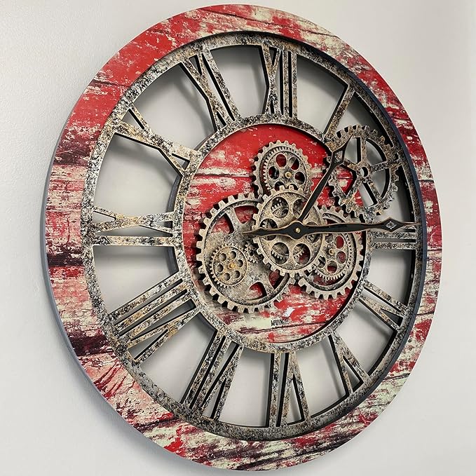 The Gears Clock The Original Real Moving Gear Wall Clock Vintage Industrial Oversized Rustic Farmhouse (24 inch (60cm),Red Lava)