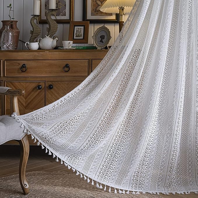 Sutuo Home White Crochet Boho Curtains 72 Inches Length, Sheer Lace Handmade Tassels Knitted Window Treatment Vintage Rustic Bohemian Farmhouse Drape for Bedroom Rod Pocket 1 Panel 59" W x 72" L