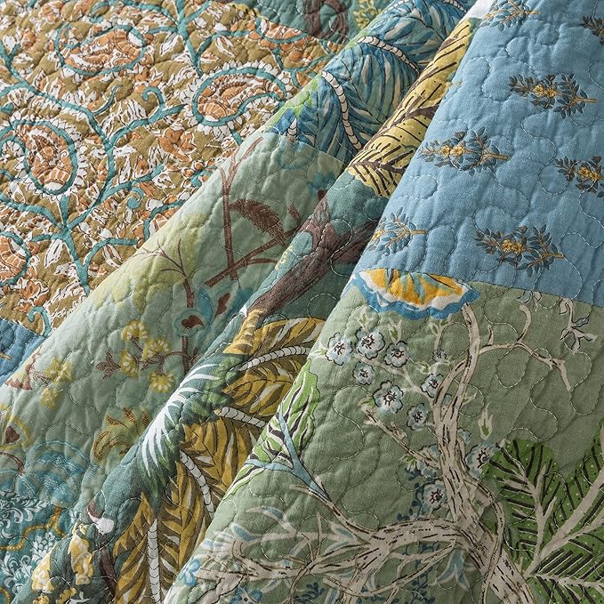 NEWLAKE Cotton Patchwork Bedspread, 3-Piece Bedding Quilt Set with Real Stitched Embroidery, Reversible Matelasse Bed Coverlet Set,Green Farmhouse Garden,Twin Size