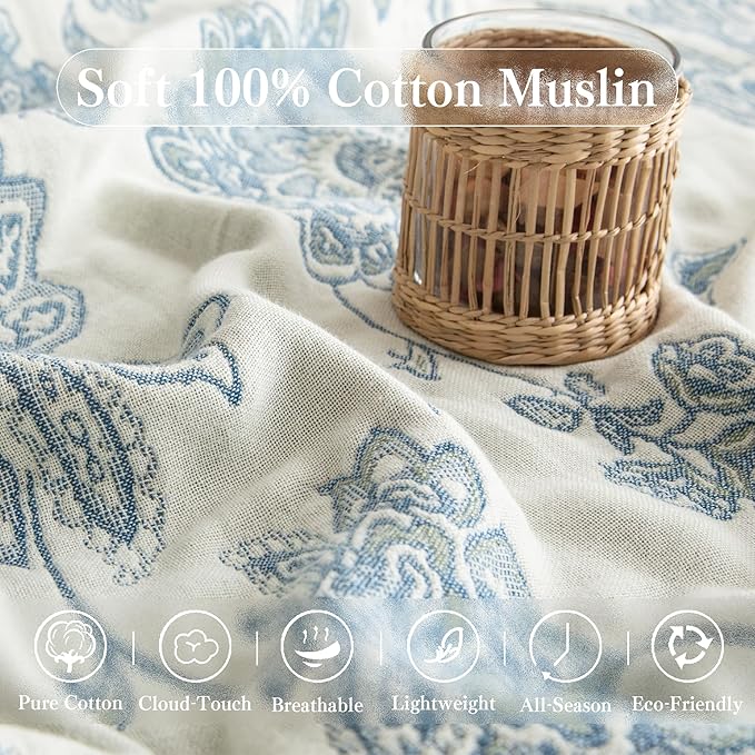 Boho Throw Blanket Twin Size, Soft Cozy Cotton Muslin Quilt Blanket for Bed Decor, Floral Patterned Couch Sofa Chair Cover, Vintage Farmhouse Cottage Tapestry Woven Blanket, Blue and White