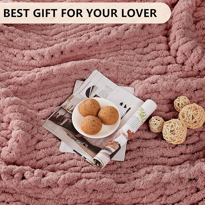 L'AGRATY Chunky Knit Blanket Throw: 80''x90'' Chenille Chunky Knitted Throw Blanket for Bed Couch - Handmade Thick Big Cable Knit Blanket - Large Chunky Crochet Blanket for Home Decor(Rose Pink)