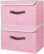 ANMINY 2PCS Storage Bins with Lid PU Leather Handles Storage Boxes PP Plastic Board Decorative Foldable Lidded Cotton Linen Fabric Home Cubes Baskets Closet Organizer Containers - Pink, Large Size