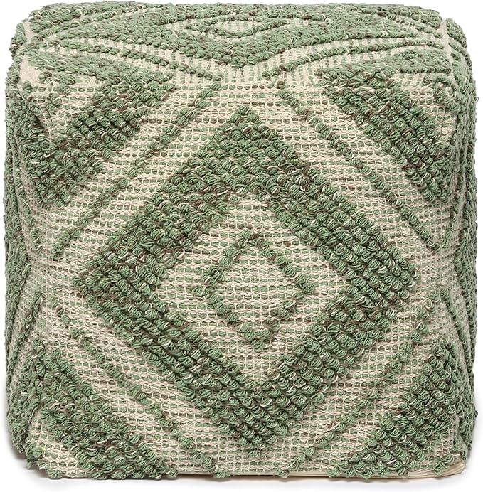 REDEARTH · Tufted Pouf Ottoman with Filler Textured Storage Cube Bean Bag Pouffe Footrest for Living Room, Bedroom, Nursery, Kidsroom; 100% Cotton (17.5"X17.5"X17.5", Solitaire Lozenge Kiwi)