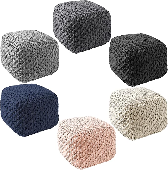Casafield Square Pouf Ottoman, Black - 18.5" W x 18.5" D x 14.5" H Cotton Knit Foot Stool - Boho Floor Pouffe for Living Room, Bedroom, Home Office