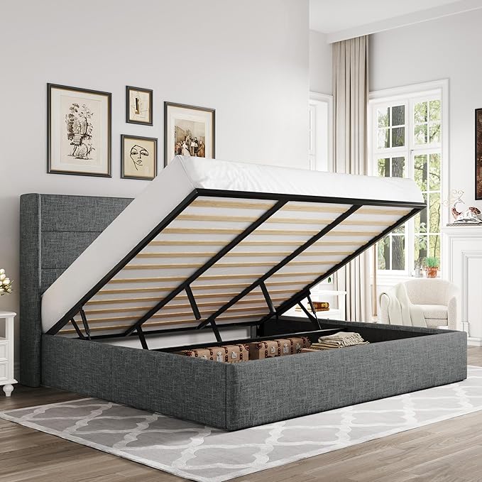 Allewie King Size Lift Up Storage Bed, Modern Wingback Headboard, Hydraulic Support, No Box Spring Needed, Dark Grey