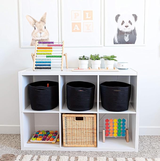 OrganiHaus Woven Storage Baskets for Organizing, Cotton Rope Organizer Bins for Shelves, Closet & Nursery, Dog Toy Basket, Decorative Bins for Toys, Towels & Books - 15x10x9, Black