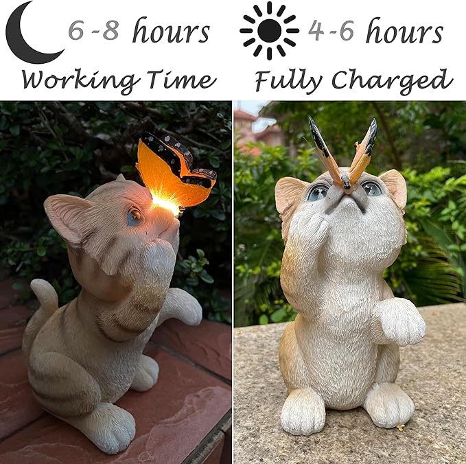 Garden Decor Solar Cat Figurines Cat Lover Gifts with LED Butterfly Lights for Indoor Outdoor Decor for Yard Garden Patio Decor Gifts for Women Grandma Mother's Day Birthday