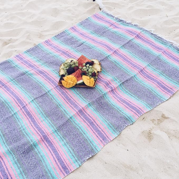 Del Mex Classic Mexican Blanket, Large Authentic Woven Falsa Throw (70"x50"), Artisan Southwest Décor for Beach, Yoga, Outdoors (Mint/Pink/Gray)