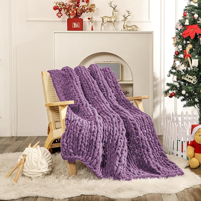 WESHIONGOO Chunky Knit Blanket Throw Knitted Throw Blankets for Couch Bed Fluffy Soft Blanket with Jumbo Chenille Yarn Thick 100% Handmade (Purple, 50"×60")