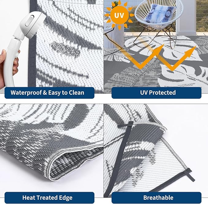 GAOMON Outdoor Rug Waterproof 9x12 Outdoor Plastic Straw Rug for Patio, Reversible Modern Camping Mat with Bag & Stakes, UV Resistant & Easy to Clean Carpet for RV, Deck, Balcony, Grey