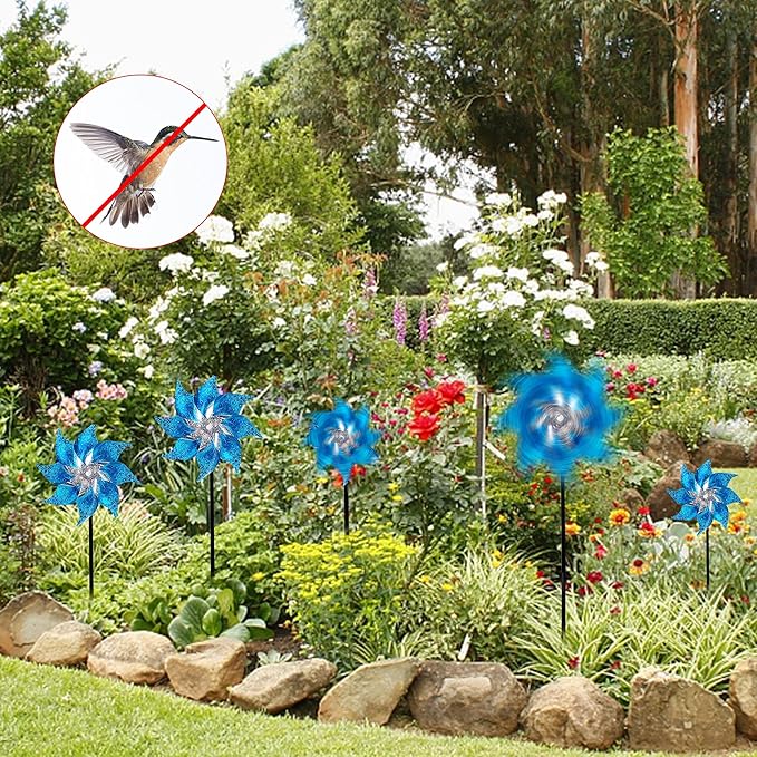 Hausse 10 Pack Reflective Pinwheels with Stakes, Extra Sparkly Pin Wheel for Garden Decor, Bird Repellent Devices Deterrent to Scare Birds Away from Yard Patio Farm, Blue