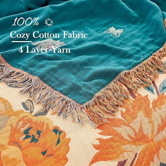 Boho Throw Blanket for Bed, 100% Cotton Soft Rustic Quilt Fall Blanket, 60"x80" Floral Printed Farmhouse Decor Bed Blankets, All Season Rustic Reversible Bohemian Throw Quilt