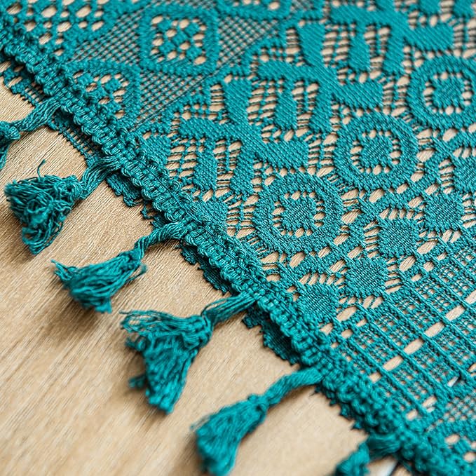 Sutuo Home Boho Valance Curtains for Kitchen Crochet Lace Sheer Bohemian Hollow Knitted with Tassels, Privacy Vintage Rustic Farmhouse Drapes, Rod Pocket 1 Panel 59" W x 18" L, Turquoise