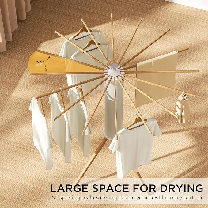 Tripod Clothes Drying Rack, Garment Rack Portable and Foldable Space Saving Laundry Drying Rack - Dryer Rack Clothing Floor Folding Balcony Bedroom Household (Beige(Wood), 16 rods)