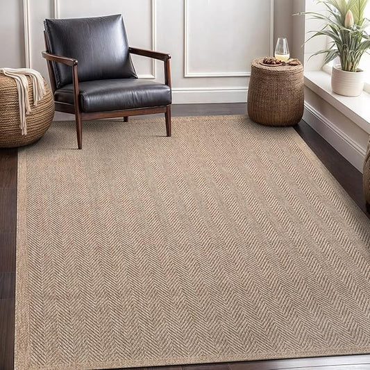 CAMILSON Easy Jute Rug 8x10, Indoor Outdoor Natural Color Fiber Area Rugs for Living Room and Patio Rug Herringbone Seagrass Boho Woven Design Easy-Cleaning Washable Outside Carpet Alfombras 8 x 10