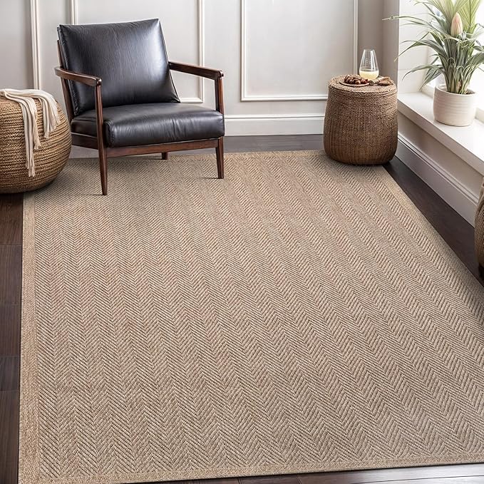 CAMILSON Easy Jute Rug 5x7, Indoor Outdoor Natural Color Fiber Area Rugs for Living Room Patio and Kitchen Rug Herringbone Seagrass Woven Design Easy-Cleaning Washable Outside Carpet Alfombras 5 x 7