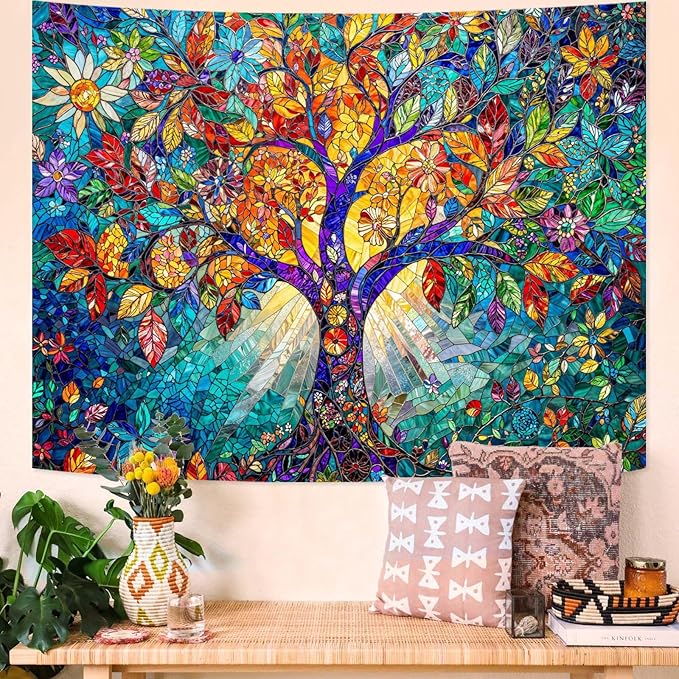 Lunerfex Tree of Life Tapestry Stained Glass Tapestry Wall Decor Tapestries for Bedroom Art Tapestries Wall Hanging for Bedroom Living Room Glass-Tree-02 60"x80"