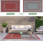 GENIMO 5' x 8' Outdoor Rug Waterproof for Patio Decor, Foldable Reversible Plastic Straw Area Rugs Mat for Camper, Outside Carpet for Rv, Deck, Porch, Picnic, Beach, Balcony, Red & Grey