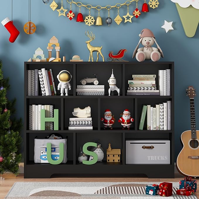 Book Shelf, 10 Cubes Storage Organizer, 3-Tier Open Shelf Wooden Bookcase, Freestanding Balck Bookshelf Cube Shelf for Bedroom, Living Room, Home Office