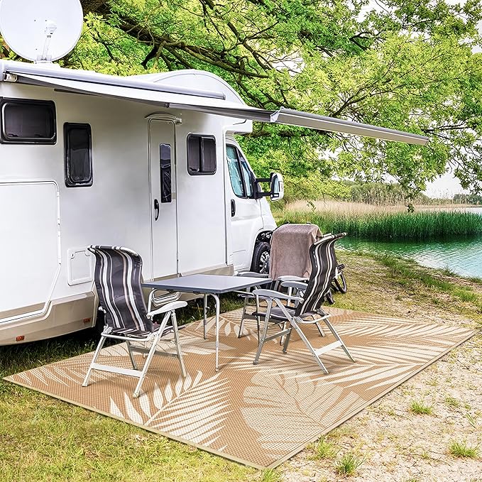 GENIMO Outdoor Rug 8' x 10' Waterproof for Patios Clearance, Reversible Outdoor Plastic Straw Camping Rug Carpet, Large Area Rugs Mats for RV, Camper, Deck, Balcony, Porch, Beach, Picnic, Brown&Beige