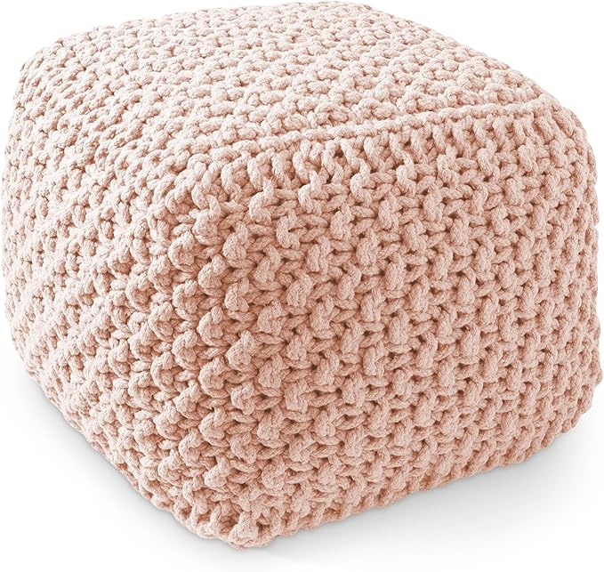 Casafield Square Pouf Ottoman, Light Pink 18.5" W x 18.5" D x 14.5" H Cotton Knit Foot Stool - Boho Floor Pouffe for Living Room, Bedroom, Home Office