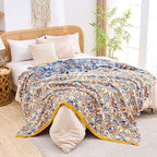 Boho Blanket Throw Quilt, 100% Cotton Soft Light Weight Throw Blankets for Summer, 50"x60" Farmhouse Flower Decorative Blankets, All Season Rustic Reversible Bohemian Throw Quilt