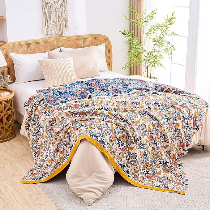 Boho Blanket Throw Quilt, 100% Cotton Soft Light Weight Throw Blankets for Summer, 50"x60" Farmhouse Flower Decorative Blankets, All Season Rustic Reversible Bohemian Throw Quilt