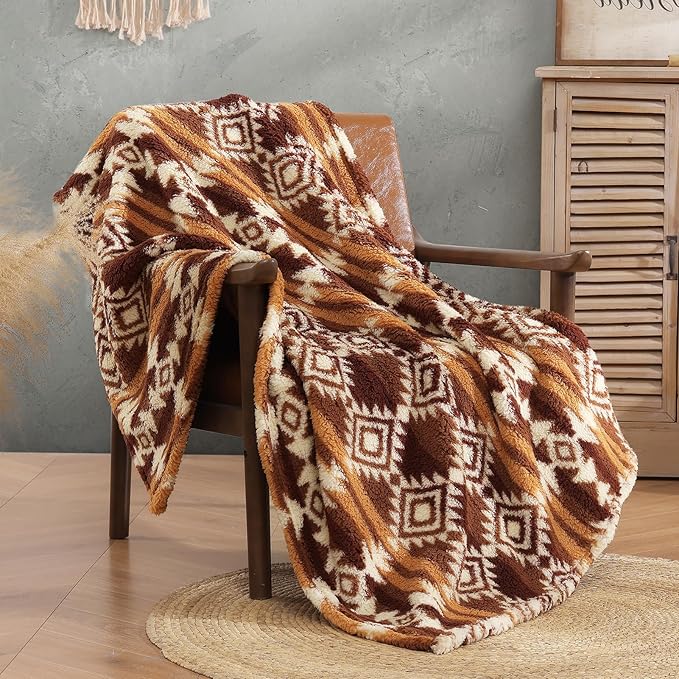 CASAAGUSTO Boho Sherpa Throw Blanket, Aztec, Ultra Soft, Warm, Cozy, Plush, Thick Fleece Bohemian Throw Blanket for Couch, Bed, Sofa (Terracotta 50 * 60 Inch)