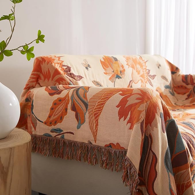 Boho Throw Blanket for Bed 90”x98”, 100% Cotton Woven Blanket for Couch Sofa, Ultra Soft 4-Layer Muslin Quilt with Floral Printed, Farmhouse Bed Blanket/Cover for Living Room Decor
