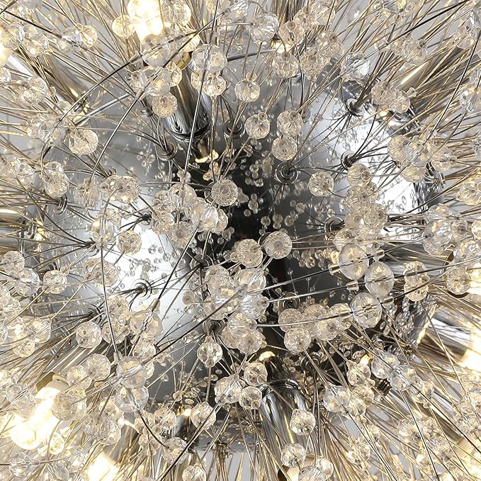 Dandelion Crystal Chandelier with Chrome, Modern Large Sputnik Hanging Lamp, Sunflower Beaded Pendant Light Fixtures High Ceiling for Living Room Bedroom Dining Room (Chrome 16Lights)