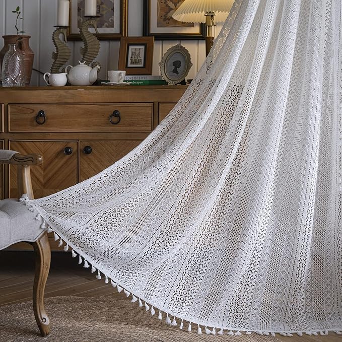 Sutuo Home White Boho Curtains Crochet Lace Semi-Sheer Bohemian Hollow Knitted Handmade Tassels, Rod Pocket Window Treatment Vintage Rustic Farmhouse Drapes for Glass Slide Door, 1 Panel 59" W x 90" L