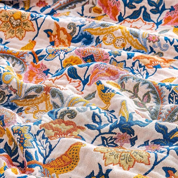 Boho Blanket Throw Quilt, 100% Cotton Soft Light Weight Throw Blankets for Summer, 50"x60" Farmhouse Flower Decorative Blankets, All Season Rustic Reversible Bohemian Throw Quilt