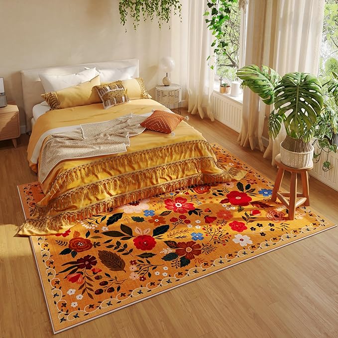 Living Room Rug 6x9 Rug Machine Washable Boho Area Rug Non Slip Floral Vintage Low Pile Large Rug for Living Room, Bedroom, Farmhouse, Dining Room, Kids Playroom(Yellow)