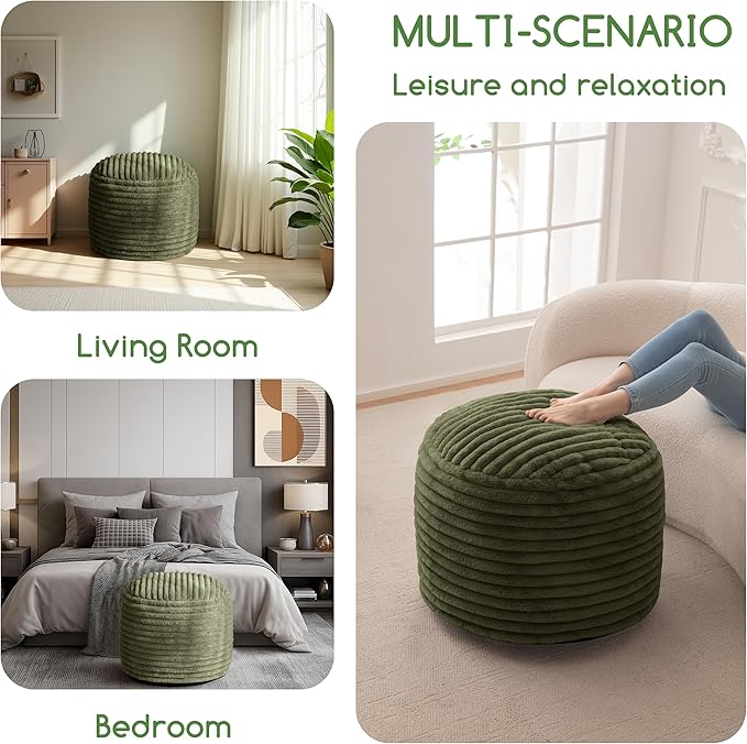 HIGOGOGO Round Stuffed Pouf Ottoman, Corduroy Poufs with High-Density Foam Filling, Furry and Fluffy Pouf Foot Stool Storage Ottoman, 20 X 15 Floor Poufs Foot Rest for Living Room, Green