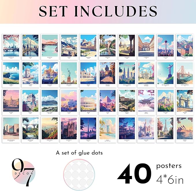 97 Decor Vintage Travel Posters Wall Art - Retro Travel Decor For Home, Travel Art Prints For Wall Decor, Around World Travel Collage Destination Pictures Famous City Artwork For Classroom (4x6)