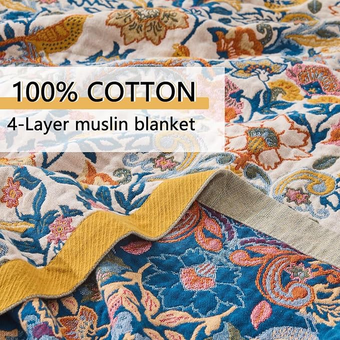 Fall Boho Throw Blanket for Bed, Muslin Reversible Blanket Washable Breathable,100% Cotton Lightweight 4-Layer King Size Throw Blanket for Bed,90"x98"