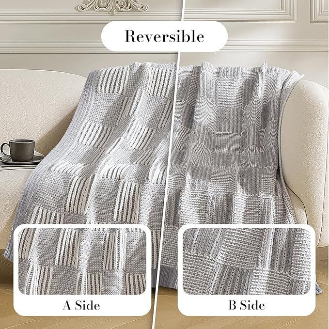 Amélie Home Chenille Knit Throw Blanket for Couch, Checkered Texture Decorative Soft Blanket for Sofa, Bed & Living Room, 50"x60", Grey & White