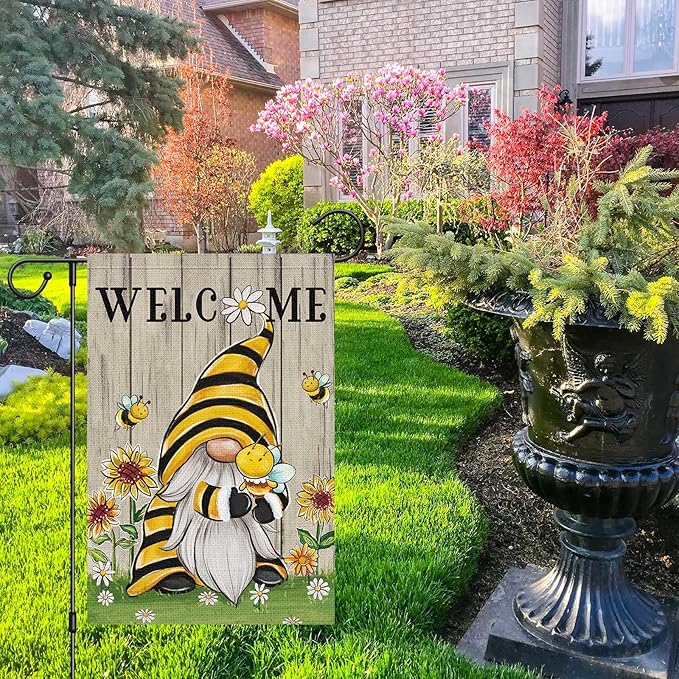 Welcome Summer Gnome Garden Flag Spring Summer Bee Sunflower Yard Flag 12x18 Double Sided Burlap Daisy House Flag for Rustic Seasonal Outside Outdoor House Decoration (ONLY FLAG)