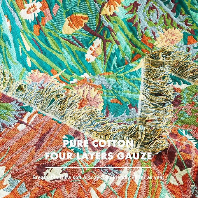 MSGKV Boho Throw Blanket for Couch Bed Chair 100% Cotton Muslin Breathable Floral Blanket 50"x60" Sofa Blankets for All Seasons Lightweight Farmhouse Blankets Boho Home Decor