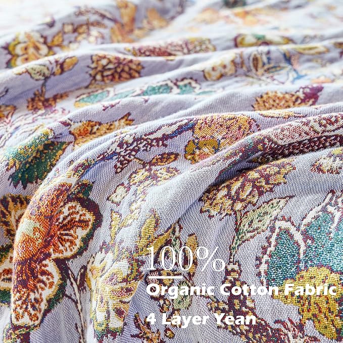 Boho Throw Blanket 91" x 98", 100% Organic Cotton Breathable Ultra Soft Bed Purple Quilt Throw - All Season Luxury Floral Farmhouse Decor Blanket for Sofa Couch Chair and Gift.
