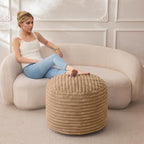 HIGOGOGO Round Stuffed Pouf Ottoman, Stripe Faux Fur Poufs with Foam Chunk Filling, Furry and Fluffy Pouf Foot Stool Storage Ottoman, 26 X 18 Floor Poufs Foot Rest for Living Room, Brown