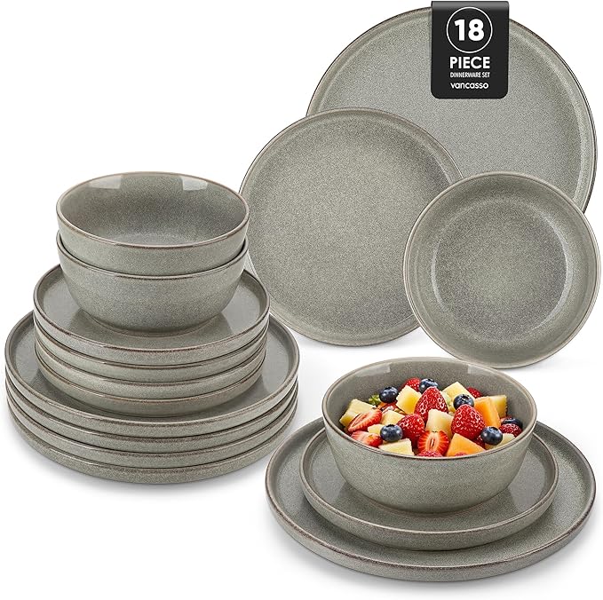 vancasso ANYA 18 Pieces Plates and Bowls Set, Stone Grey Dinnerware Sets, Reactive Glaze Dishes Set for 6, Ceramic Dishware Sets Kitchen Dinner Set, Microwave & Dishwasher Safe