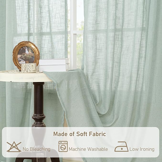 LAMIT 72 Inch Linen Sheer Curtains for Bedroom, Linen Textured Light Filtering Drapes Bronze Grommet Boho Neutral Panels for Farmhouse/Living Room, 2 Panels, 52 x 72 Inch, Light Sage
