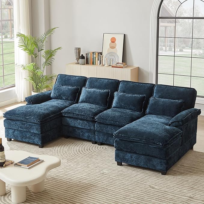 113" Oversized Cloud Couch, U Shape Sectional 4 Seat Sofa with Double Chaises, 2 Layer Cusions, Deep Seat Comfy Sofa, Upholstery Chenille Fabric for Living Room, Blue