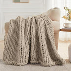 Carriediosa Chunky Knit Throw Blanket 60" X 80" Twin, 100% Hand Made Large Chenille Loop Yarn Soft Fluffy Throws for Couch Sofa Bed, Big Crochet Cozy Heavy Thick Cable Woven Blankets, Taupe
