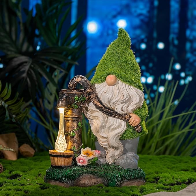 TERESA'S COLLECTIONS Garden Gnomes Decor with Solar Lights, Fathers Gifts, Green Outdoor Resin Decorations for Porch Patio, Gnome Ornaments for Dad and Mom，9"