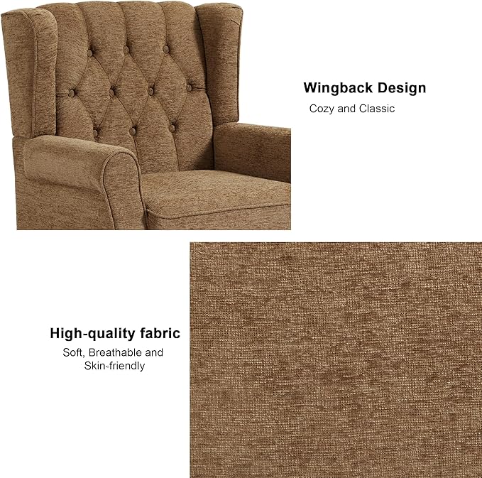 Accent Chair, Upholstered Armchair with Button Tufted High Back & Solid Wood Legs, Comfy Wingback Reading Single Sofa Chair for Small Spaces, Living Room, Bedroom (Brown, Set of 1)